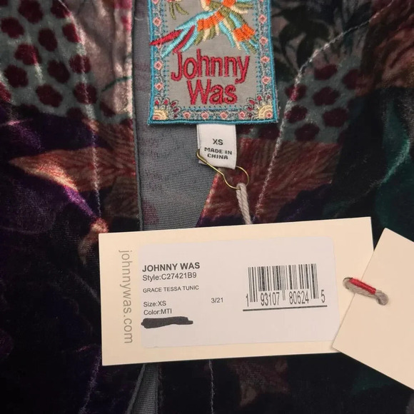 New JOHNNY WAS Grace Tessa Tunic Multicolor Floral Velvet Flowy Top Women's XS - Picture 7 of 11